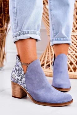 Best Maciejka Damskie Skórzane Botki Na Słupku Jasny Niebieski 04492