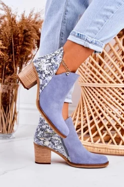 Best Maciejka Damskie Skórzane Botki Na Słupku Jasny Niebieski 04492