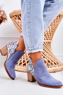 Best Maciejka Damskie Skórzane Botki Na Słupku Jasny Niebieski 04492