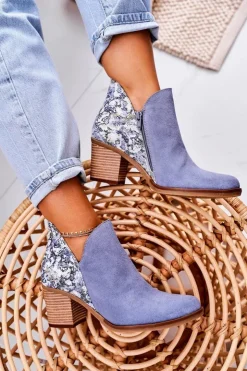 Best Maciejka Damskie Skórzane Botki Na Słupku Jasny Niebieski 04492