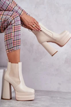 Online Boto Damskie Skórzane Botki Na Masywnym Obcasie Beżowe Jones