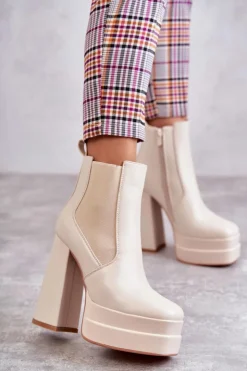 Online Boto Damskie Skórzane Botki Na Masywnym Obcasie Beżowe Jones