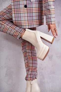 Online Boto Damskie Skórzane Botki Na Masywnym Obcasie Beżowe Jones