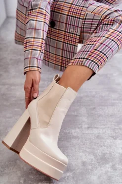 Online Boto Damskie Skórzane Botki Na Masywnym Obcasie Beżowe Jones