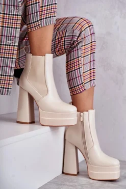 Online Boto Damskie Skórzane Botki Na Masywnym Obcasie Beżowe Jones