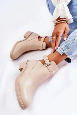 Damskie Boto Damskie Skórzane Botki Na Płaskim Obcasie Beżowe Marla