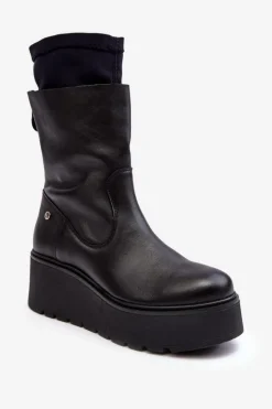 Discount Maciejka Damskie Skórzane Botki Na Masywnej Platformie A7161-01 Czarne Czarny