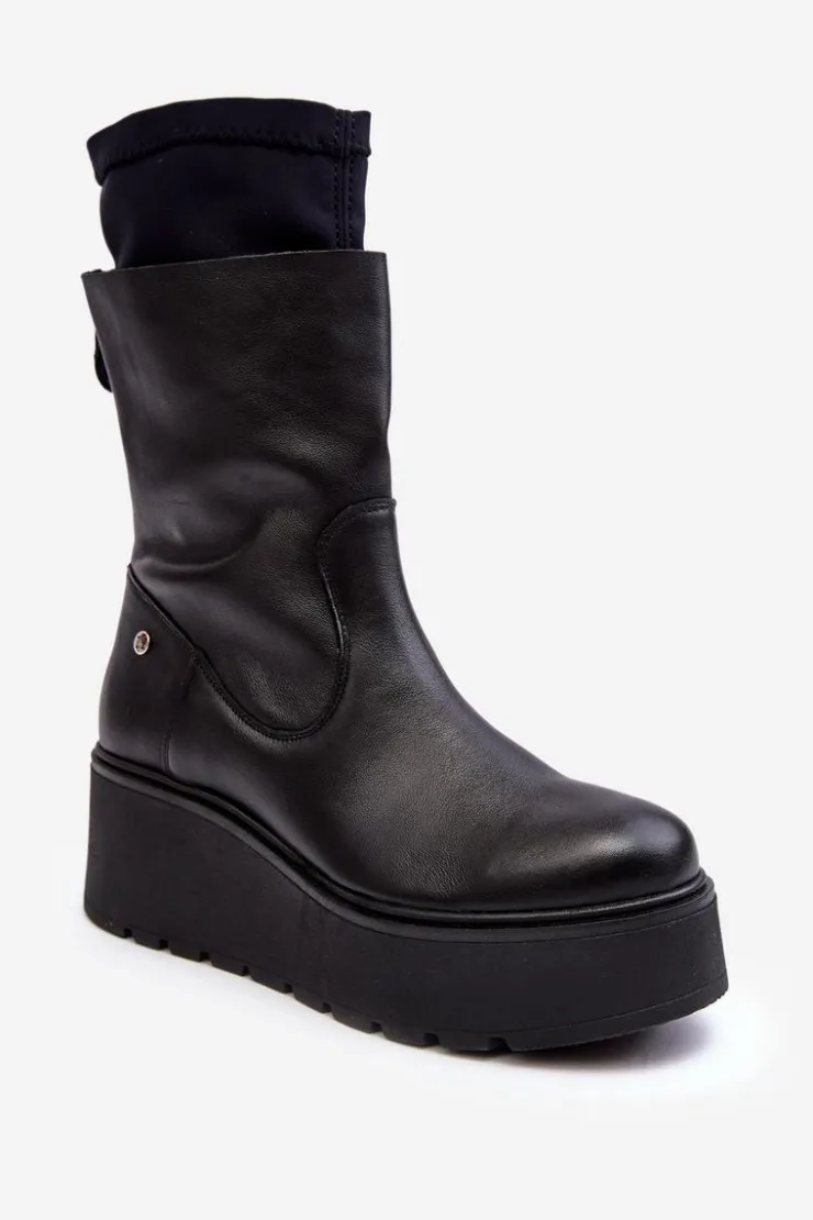 Discount Maciejka Damskie Skórzane Botki Na Masywnej Platformie A7161-01 Czarne Czarny