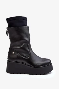 Discount Maciejka Damskie Skórzane Botki Na Masywnej Platformie A7161-01 Czarne Czarny