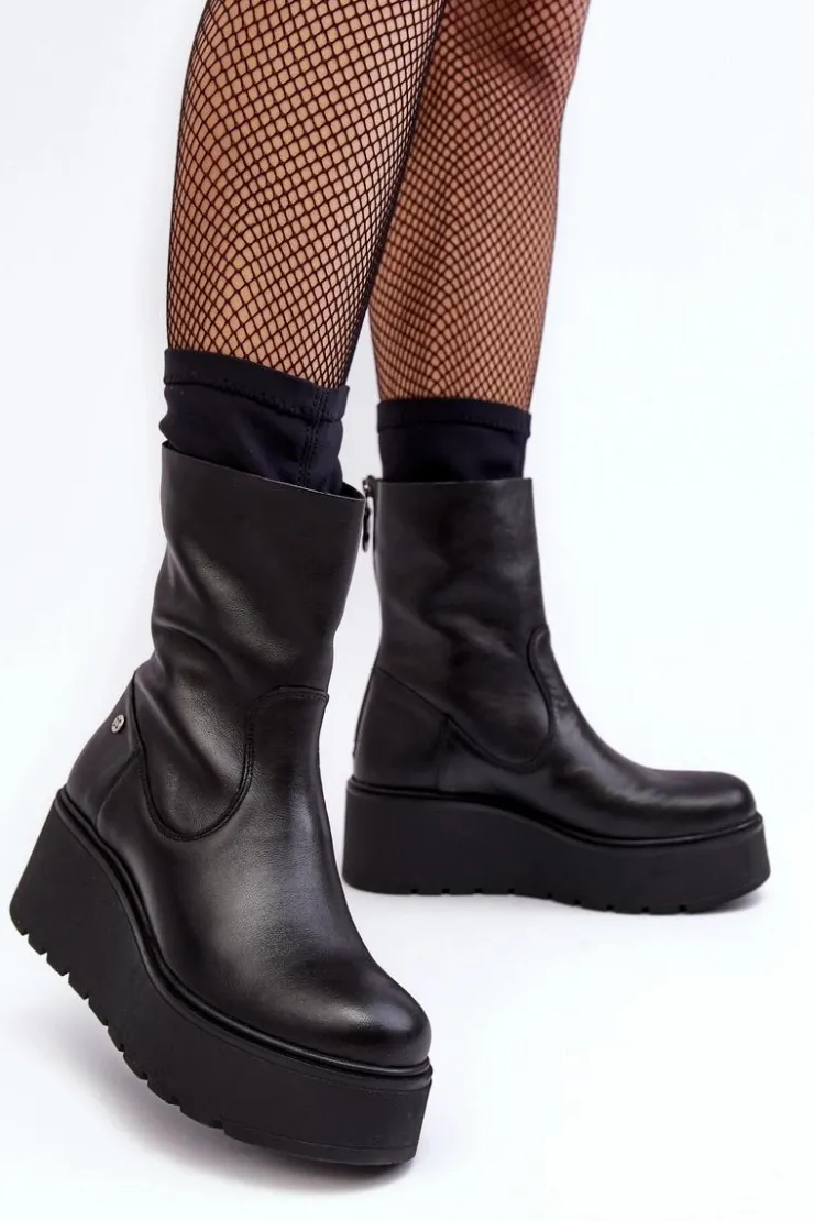Discount Maciejka Damskie Skórzane Botki Na Masywnej Platformie A7161-01 Czarne Czarny