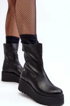 Discount Maciejka Damskie Skórzane Botki Na Masywnej Platformie A7161-01 Czarne Czarny