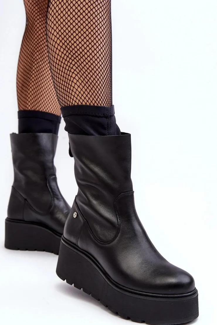 Discount Maciejka Damskie Skórzane Botki Na Masywnej Platformie A7161-01 Czarne Czarny