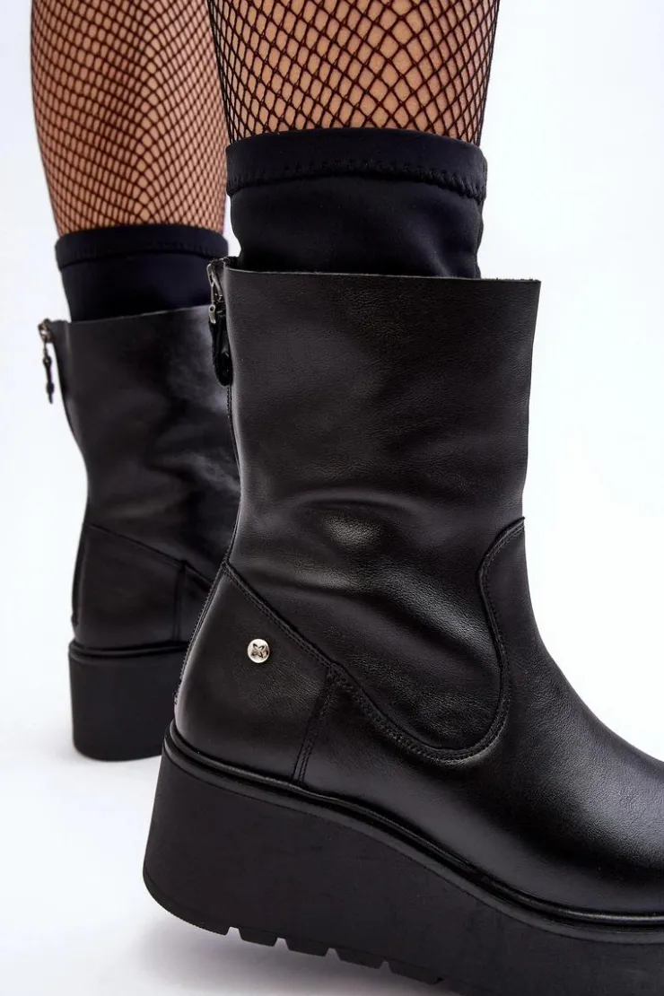 Discount Maciejka Damskie Skórzane Botki Na Masywnej Platformie A7161-01 Czarne Czarny