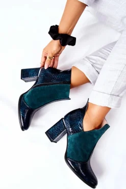 Sale Boto Damskie Skórzane Botki Na Słupku Zielone I Wish