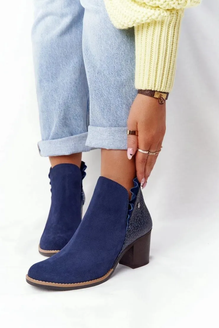 Maciejka Botki Wiosenne|Botki Maciejka*Damskie Skórzane Botki Na Słupku Granatowe 04833-17