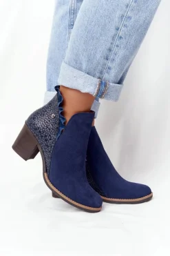 Maciejka Botki Wiosenne|Botki Maciejka*Damskie Skórzane Botki Na Słupku Granatowe 04833-17