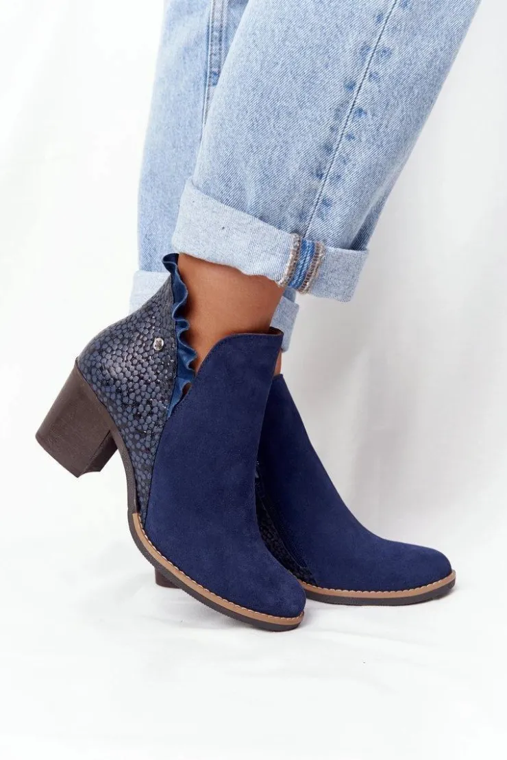 Maciejka Botki Wiosenne|Botki Maciejka*Damskie Skórzane Botki Na Słupku Granatowe 04833-17