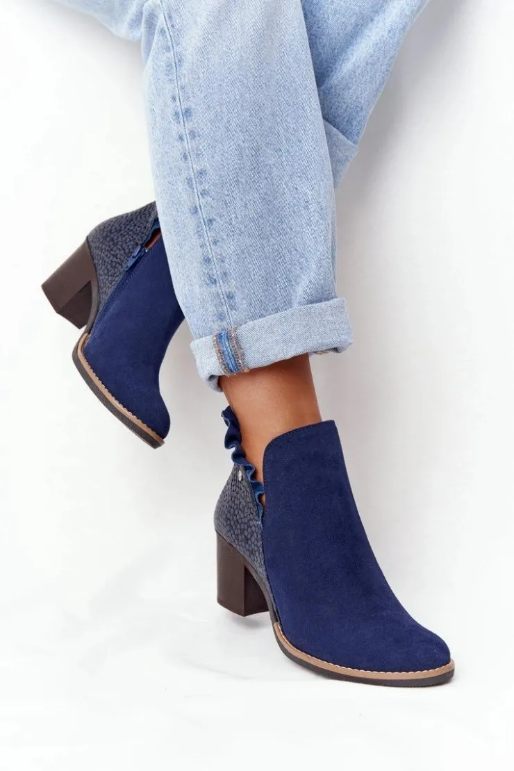 Maciejka Botki Wiosenne|Botki Maciejka*Damskie Skórzane Botki Na Słupku Granatowe 04833-17