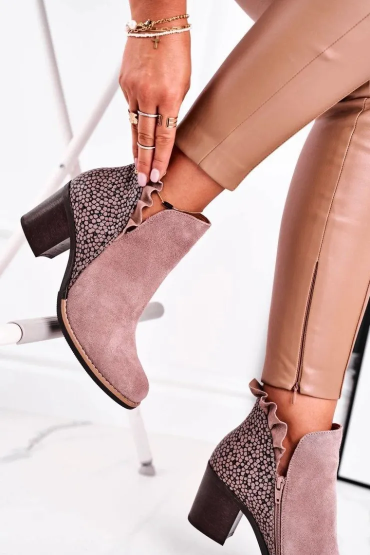 Damskie Maciejka Damskie Skórzane Botki Na Słupku Beżowe 04833-04