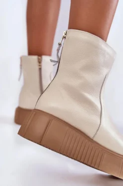 Zazoo Botki Na Koturnie|Botki Zimowe Damskie*Damskie Skórzane Botki Na Platformie Jasnobeżowe Jenefer