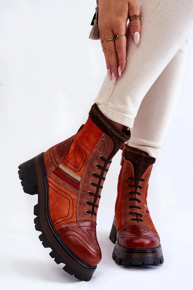 Maciejka Damskie Skórzane Botki Na Płaskim Obcasie 05624-08 Pomarańczowo-Brązowe