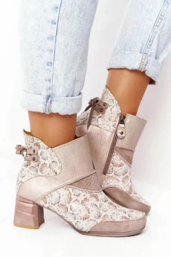 Maciejka Botki Wiosenne|Botki Maciejka*Damskie Skórzane Botki Na Słupku Złoto Beżowe 03963-20
