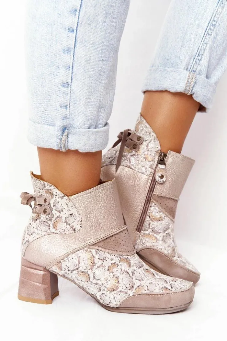 Maciejka Botki Wiosenne|Botki Maciejka*Damskie Skórzane Botki Na Słupku Złoto Beżowe 03963-20