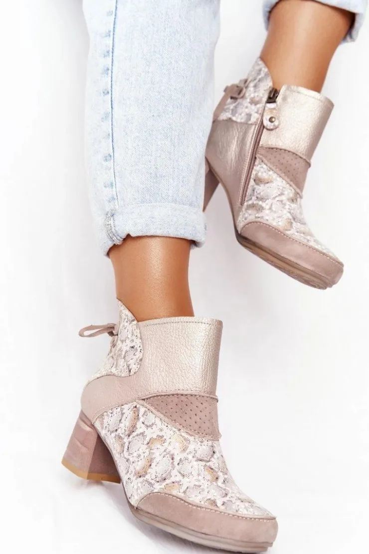 Maciejka Botki Wiosenne|Botki Maciejka*Damskie Skórzane Botki Na Słupku Złoto Beżowe 03963-20