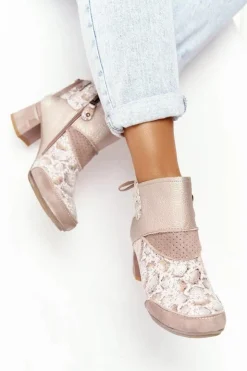 Maciejka Botki Wiosenne|Botki Maciejka*Damskie Skórzane Botki Na Słupku Złoto Beżowe 03963-20