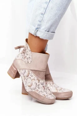 Maciejka Botki Wiosenne|Botki Maciejka*Damskie Skórzane Botki Na Słupku Złoto Beżowe 03963-20