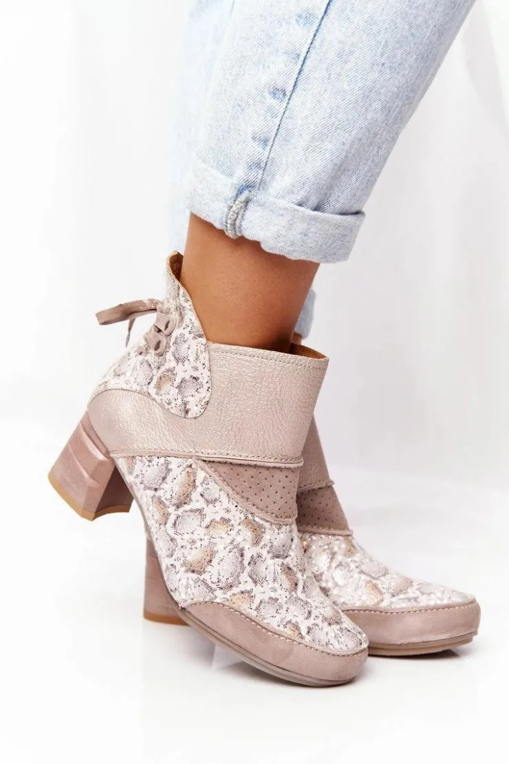 Maciejka Botki Wiosenne|Botki Maciejka*Damskie Skórzane Botki Na Słupku Złoto Beżowe 03963-20
