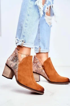 Damskie Maciejka Damskie Skórzane Botki Na Słupku Rude 04492-29