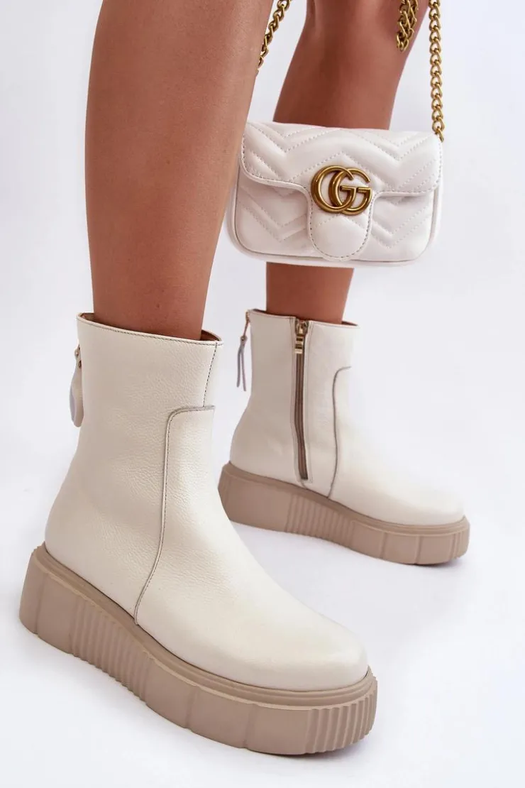 Sale Zazoo Damskie Skórzane Botki Na Platformie Jasnobeżowe Lemar Jenefer