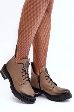 Damskie Boto Damskie Skórzane Botki Na Płaskim Obcasie Beżowe Lemar Charline