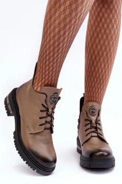 Damskie Boto Damskie Skórzane Botki Na Płaskim Obcasie Beżowe Lemar Charline