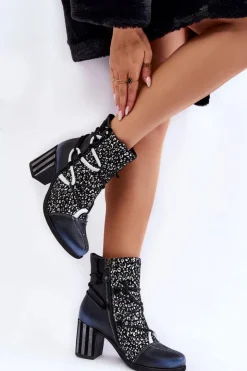 Maciejka Botki Wiosenne|Botki Na Słupku*Damskie Skórzane Botki Na Obcasie 05605-01 Czarno-Białe