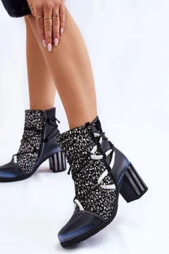 Maciejka Botki Wiosenne|Botki Na Słupku*Damskie Skórzane Botki Na Obcasie 05605-01 Czarno-Białe