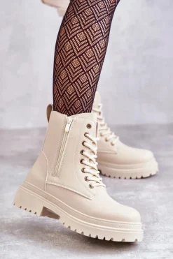 Online Evento Damskie Skórzane Botki Ocieplane Jasnobeżowe Dorchen Beżowy