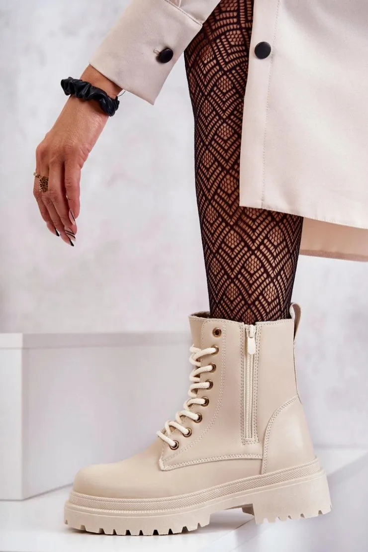 Online Evento Damskie Skórzane Botki Ocieplane Jasnobeżowe Dorchen Beżowy