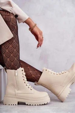 Online Evento Damskie Skórzane Botki Ocieplane Jasnobeżowe Dorchen Beżowy