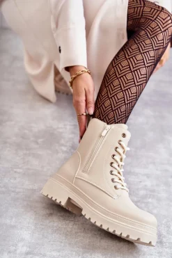 Online Evento Damskie Skórzane Botki Ocieplane Jasnobeżowe Dorchen Beżowy