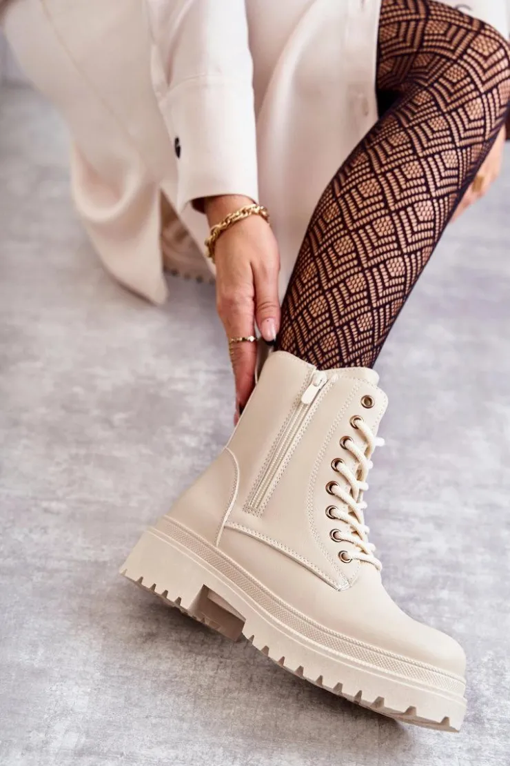 Online Evento Damskie Skórzane Botki Ocieplane Jasnobeżowe Dorchen Beżowy