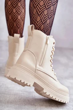 Online Evento Damskie Skórzane Botki Ocieplane Jasnobeżowe Dorchen Beżowy