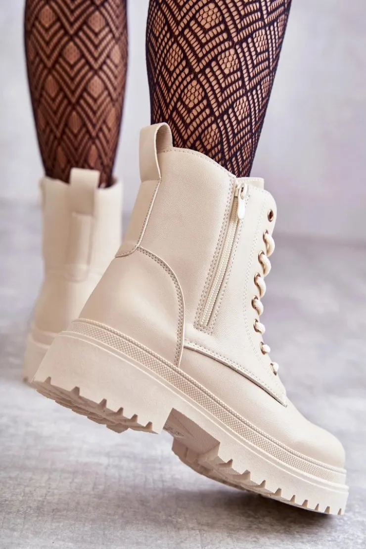 Online Evento Damskie Skórzane Botki Ocieplane Jasnobeżowe Dorchen Beżowy