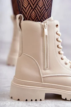 Online Evento Damskie Skórzane Botki Ocieplane Jasnobeżowe Dorchen Beżowy