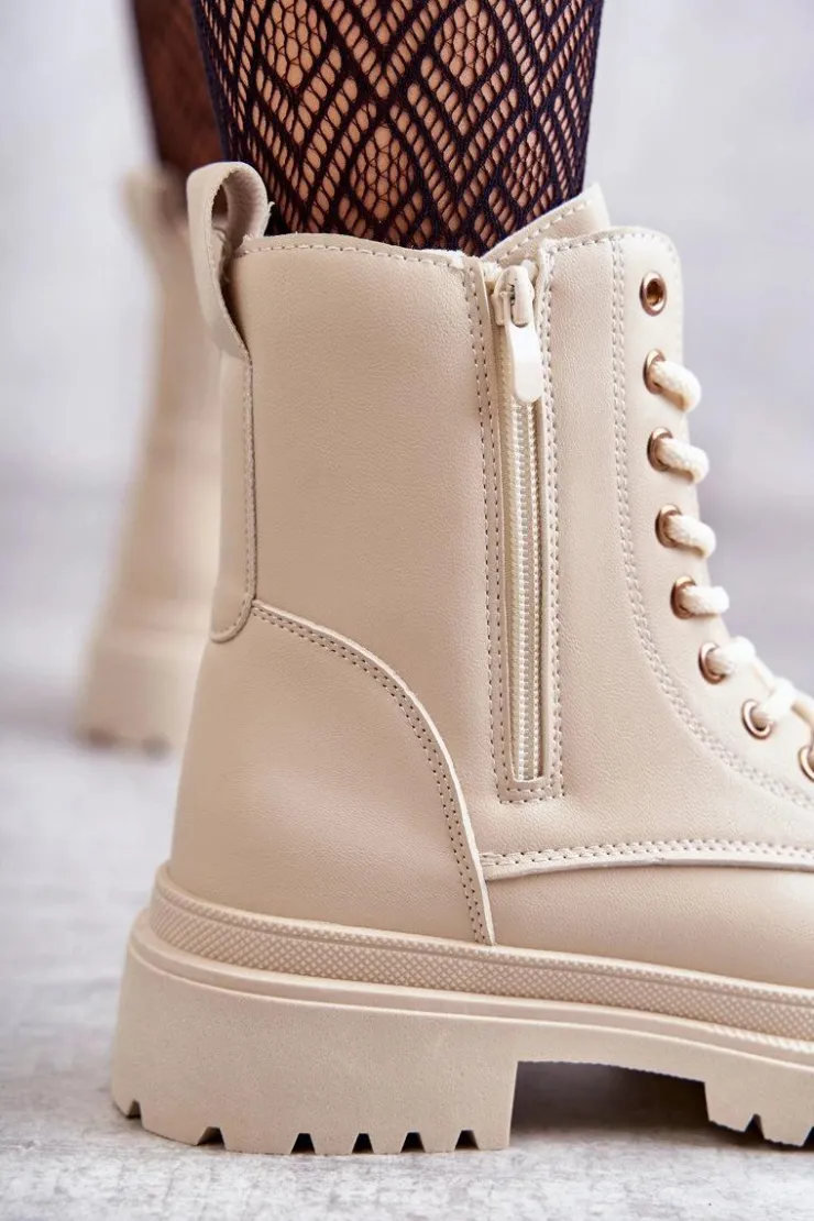 Online Evento Damskie Skórzane Botki Ocieplane Jasnobeżowe Dorchen Beżowy