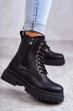 Damskie Evento Damskie Skórzane Botki Ocieplane Czarne Dorchen