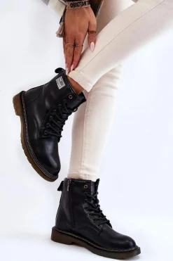 GOE Botki Sznurowane|Czarne Botki*Damskie Skórzane Botki Ocieplane II2N4053 Czarne