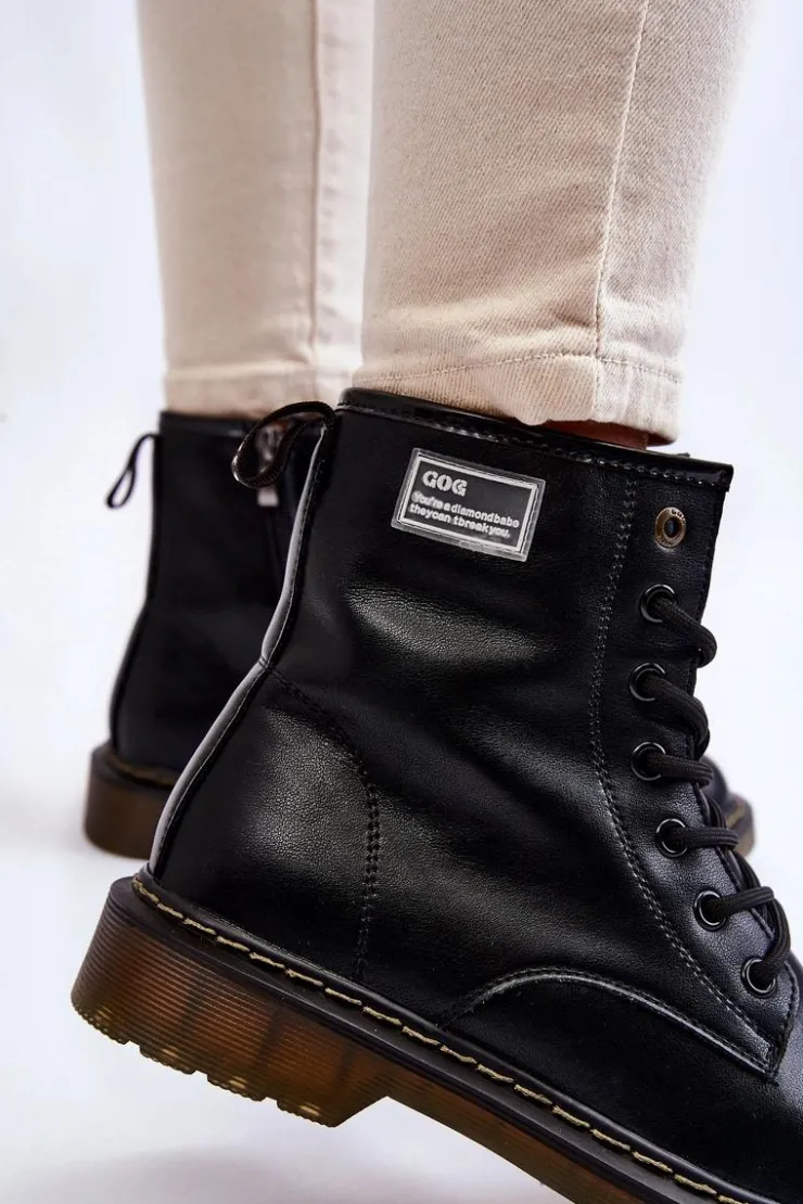 GOE Botki Sznurowane|Czarne Botki*Damskie Skórzane Botki Ocieplane II2N4053 Czarne