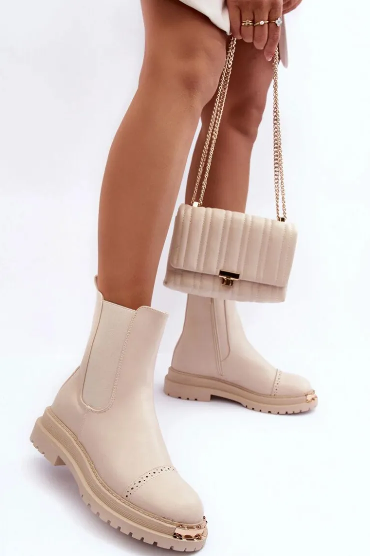 Hot Boto Damskie Skórzane Botki Sztyblety Beżowe Nialee Beżowy